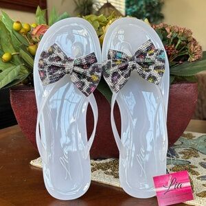 Brand New Lia White Jelly Flip Flop Slide Thong Sandals Colorful Leopard Bows